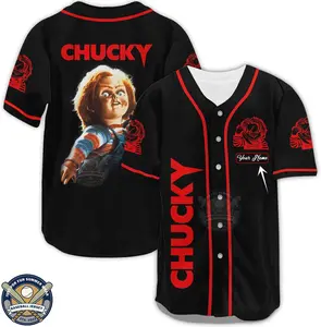 Characters Baseball Jersey, Personalized Custom Name Halloween Shirt Jerseys Breathable Men's Baseball Jersey 3D Printed Unisex Horror Chucky Outfit For Halloween Movie Gift Shirt