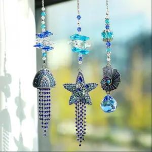 Rhinestone Crystal Sun Catcher Indoor Window Hanging Pendant, Starfish Jellyfish Conch Pearl Prism Decor for Wedding Garden Porch, Hangable Room Decor