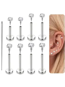 8 Pcs Silvery Internal Thread CZ Stud Set for Women Men Surgical Steel Body Piercing Jewelry, Hypoallergenic Cubic Zirconia, Hypoallergenic Stainless Steel Flat Back Studs Dazzling CZ Subtle Sparkling Glamour Refined Detail