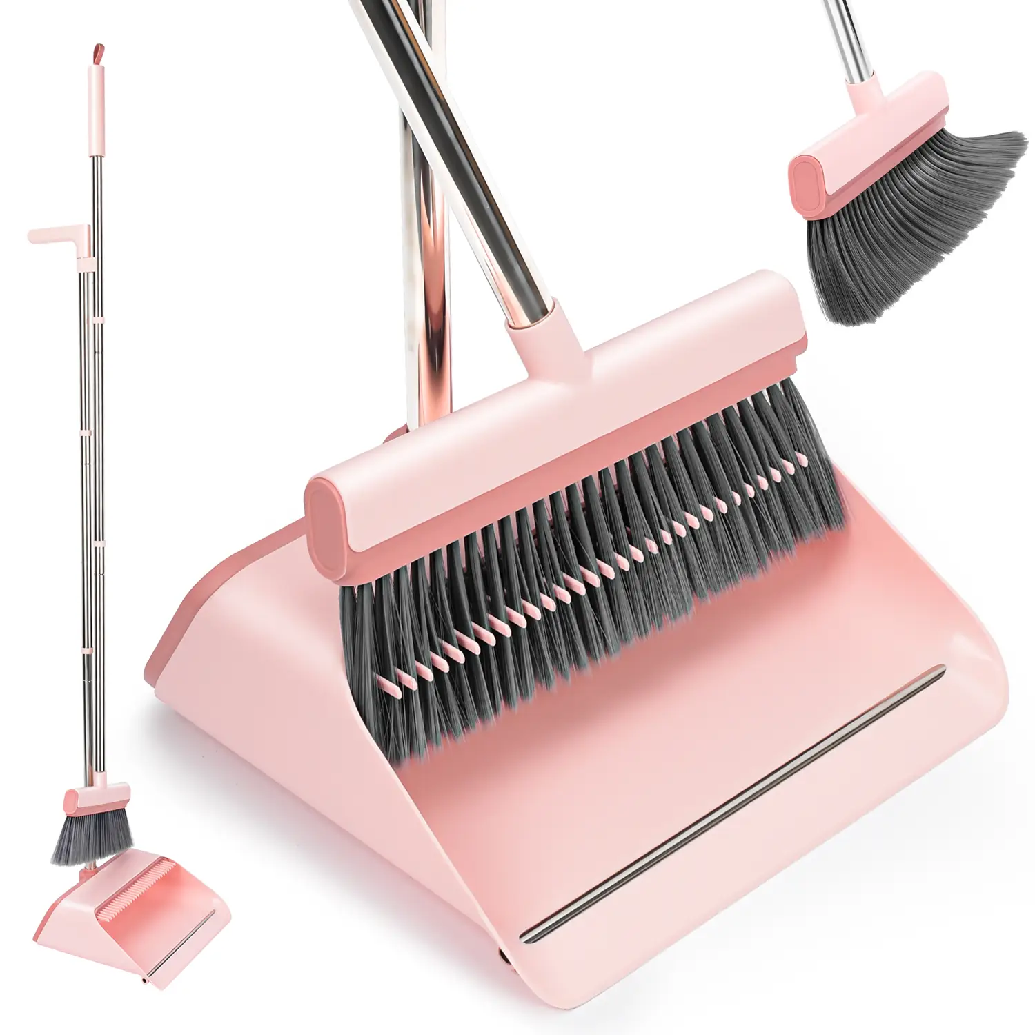 KZKR Pink Adjustable Broom and Dustpan Set – Built-in Comb Teeth to Remove Hair, Ergonomic Indoor & Outdoor Sweeping Kit