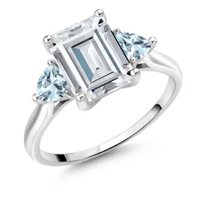 10K White Gold White Moissanite and Sky Blue Aquamarine 3-Stone Engagement Ring For Women | 2.93 Cttw | Emerald Cut 9X7MM | Three Stone Wedding Anniversary Promise Ring