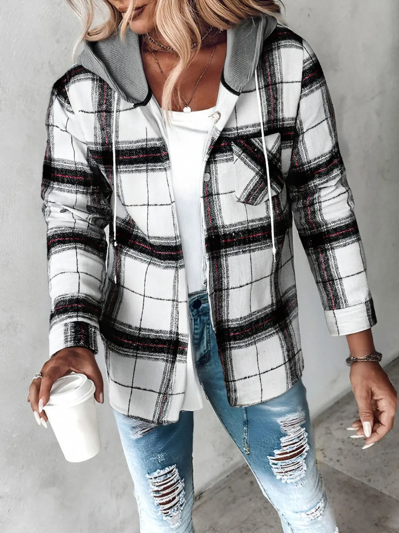 Women's Plaid Hooded Drawstring Loose Fit Shirt Jacket, Color-Weaved Long Sleeve Blouse, Versatile Fashion Casual Hoodie Outerwear, Stylish and Comfortable