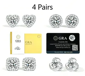 Factory Direct 4 Pairs Moissanite Sparkly  Earrings for Women, Hypoallergenic Waterproof Stud Earrings Set, Everyday Jewelry Gift for Mom, Best Friend, Girlfriend