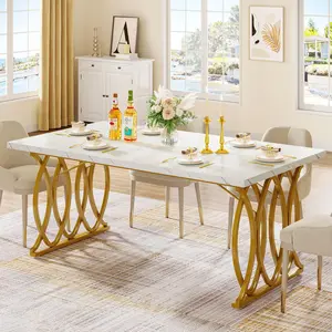TRIBEWOOD Modern Dining Table, 63" Large Kitchen Table for 4-6 People, Unique Rectangular Dinner Table Kitchen & Dining Room Furniture with Faux Marble Tabletop and Geometric Legs（Only Table）