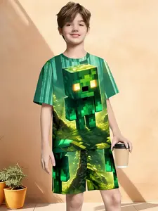 Boys' Creeper Pixel Print Short Sleeve Shorts Set, Casual Asymmetrical Design, Natural Waist, H-Type Silhouette, Random Print Pattern