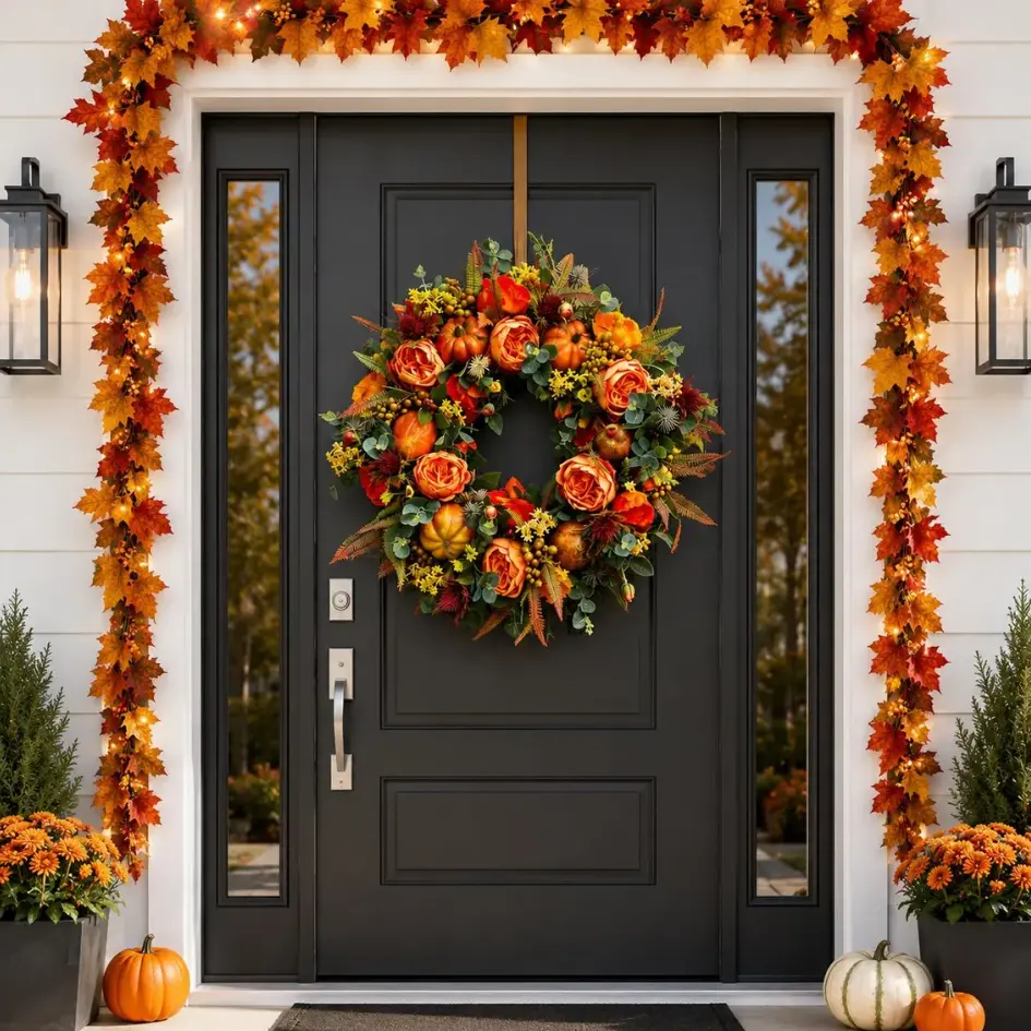 Fall Wreath and Garland Set, Pre-Lit Autumn Front Door Wreath with Maple Leaves Pumpkins and Flowers, Thanksgiving Harvest Decoration for Home Porch Entryway, Seasonal Realistic Fall Decor for Indoor and Outdoor Thanksgiving Party Atmosphere