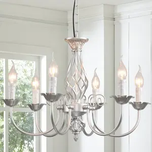 Garwarm Sliver Farmhouse Candle Chandelier, 6-Light Rustic Industrial Pendant Ceiling Light Fixture, Ceiling Hanging Lamp for Hallway Kitchen Dining Room Foyer, E12 Base, Silver