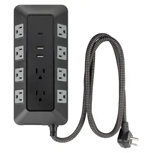 GE 10-Outlet Surge Protector 2 USB-A and 1 USB-C 3540J 4' Braided Cord Black: Extension Cord & Outlet Extender