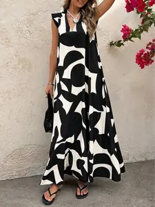 Women's Boho Style Loose-Fitting Sleeveless Printed Dress, Casual Vacation Wear, Random Pattern, Perfect for Holiday, Bohemian