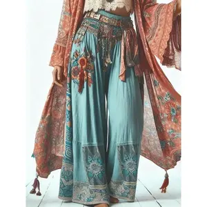 Women’s ethnic-pattern wide-leg palazzo harem pants without a waistband, bohemian casual elastic-waist pants, suitable for daily wear and vacations; women’s summer underwear GARMENTARY