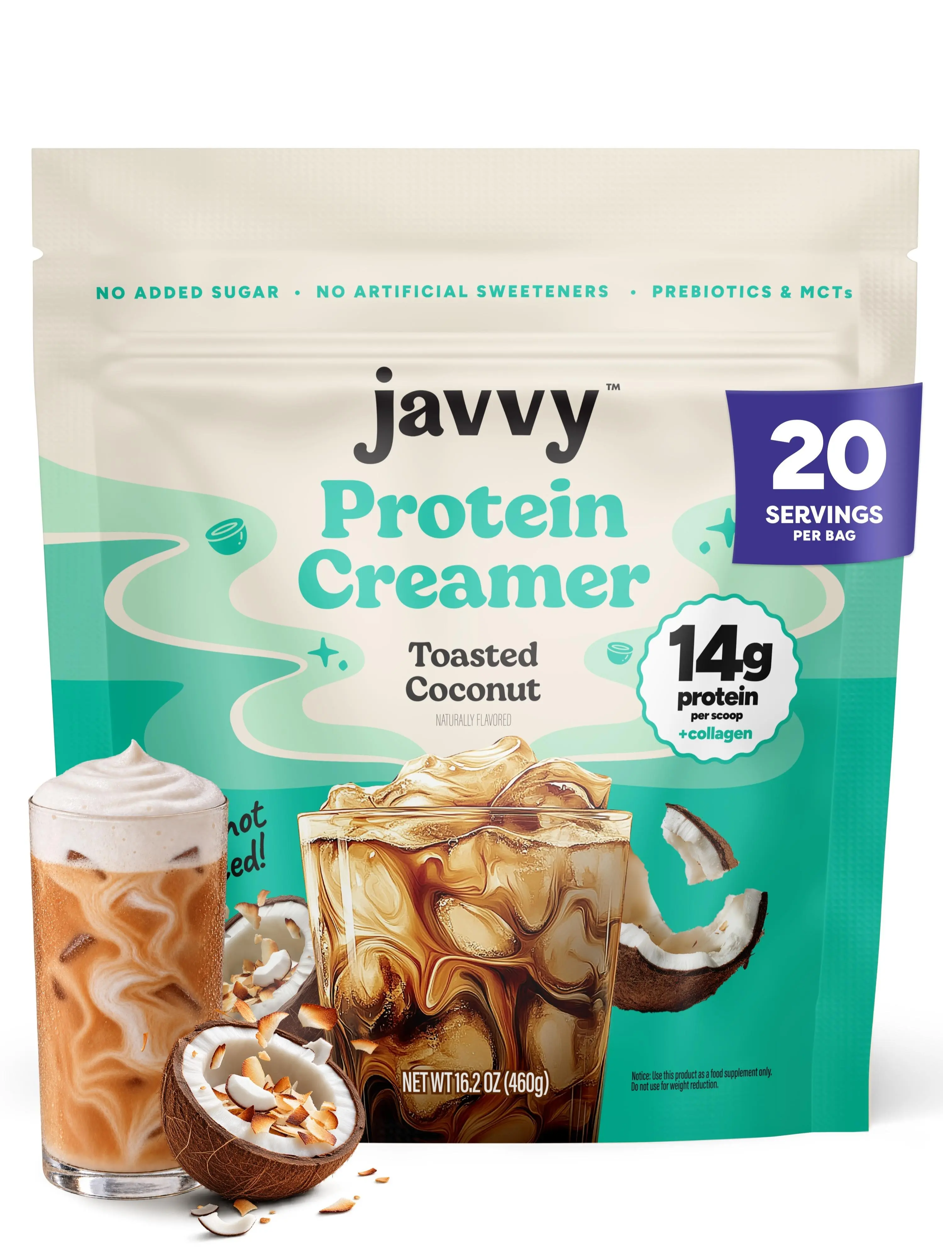 Javvy Toasted Coconut Protein Coffee Creamer - Grass Fed Pasture Raised Collagen - Hair, Skin & Nail Support, Energy-Boosting MCTs, Keto Friendly, Gluten Free, No Added Sugar, 14g of Protein