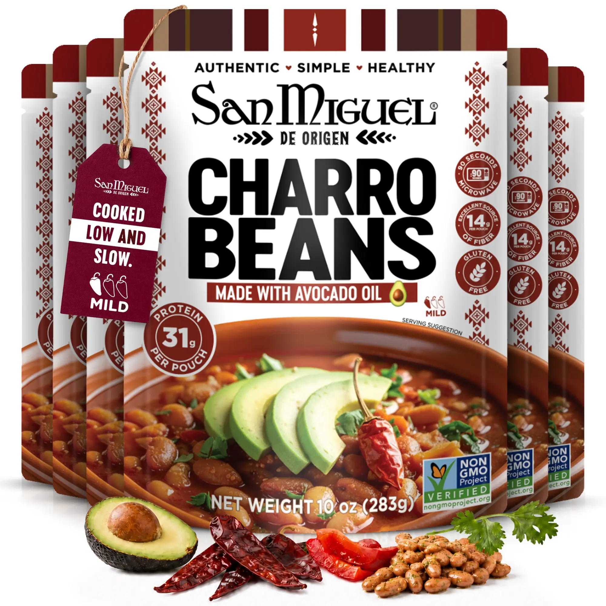 San Miguel de Origen Charro Beans with Chorizo, Homemade Ready-to-Eat Pantry Food, Microwaveable Bean Pouches with Avocado Oil, Non-GMO, Good Source of Fiber, 10 oz (Pack of 6)