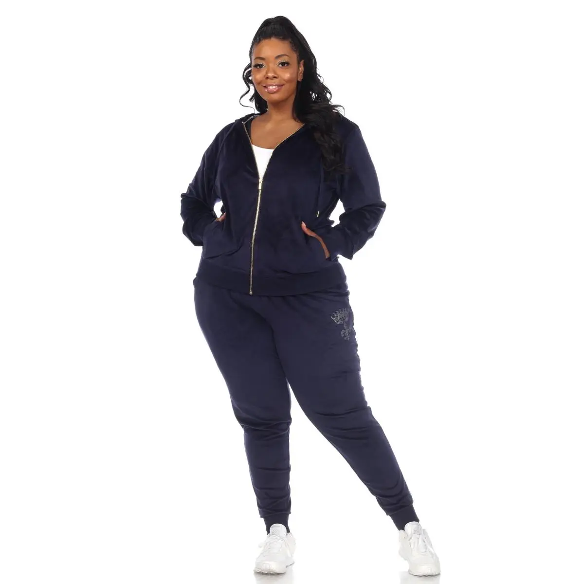 White Mark Women's Plus Size Velour Tracksuit Set with Rhinestone Accents, 2-Piece Athletic Sweatpants Outfit & Zip-Up Hoodie, Athletic Sports Clothing