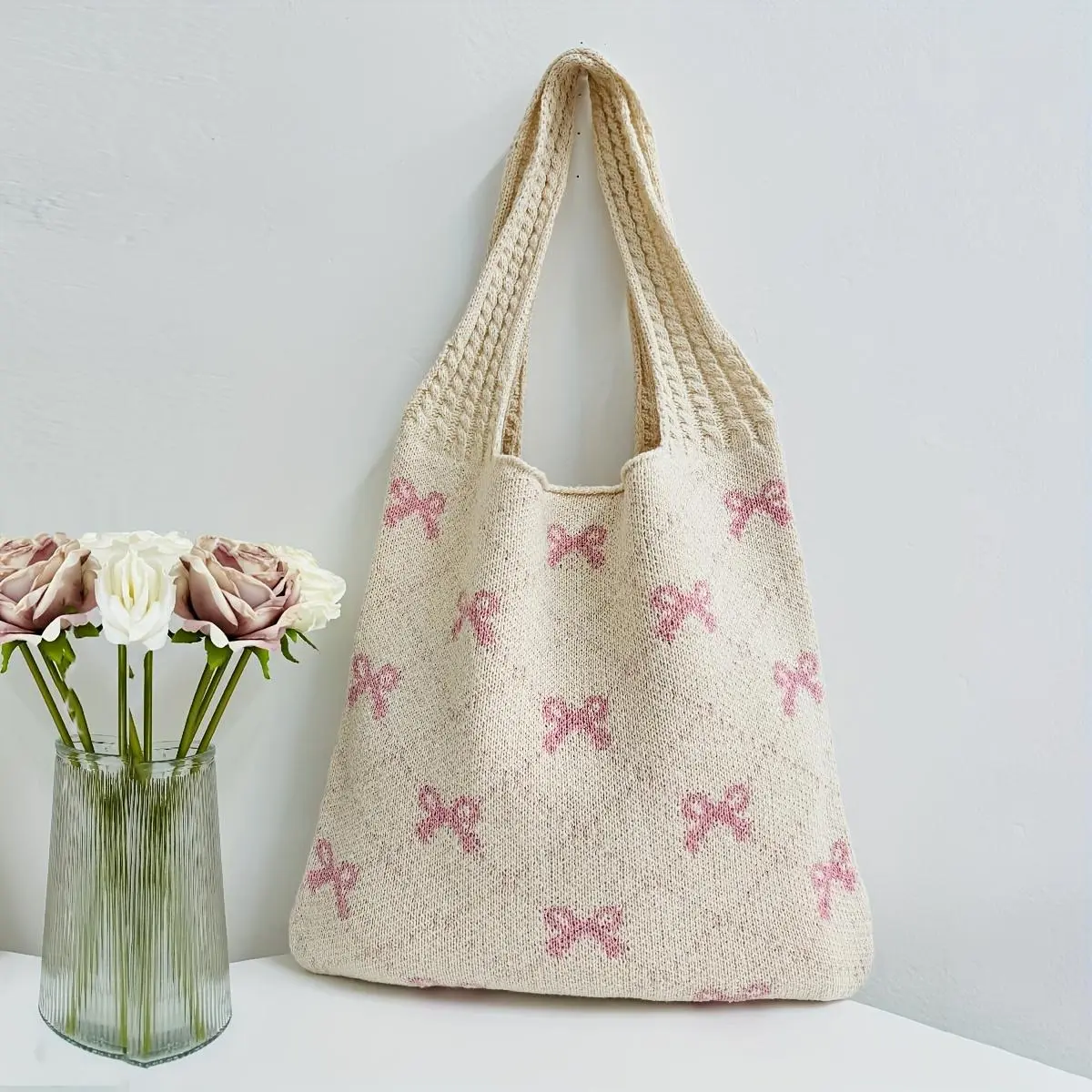 Bowknot Knitted Tote Bag, Cute Woven Shoulder Bag, Aesthetic Crochet Bag For Women Handmade Tote Bag Handbag Tote Bag Handcrafted Item