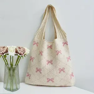 Bowknot Knitted Tote Bag, Cute Woven Shoulder Bag, Aesthetic Crochet Bag For Women Handmade Tote Bag Handbag Tote Bag Handcrafted Item