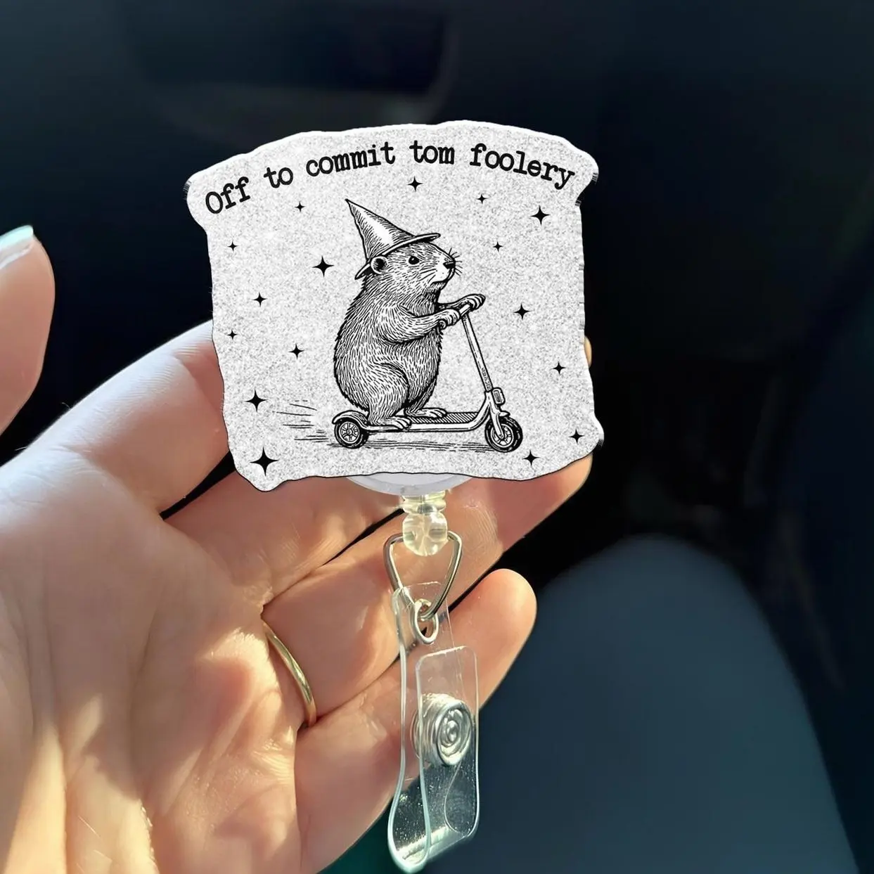 Off to Commit Tom Foolery Badge Reel, Funny Vintage Critter Scooter Retractable ID Holder NED