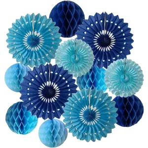12pcs 6'' 8'' Honeycomb Balls Tissue Paper Fans Hanging Decorations Tissue Pom Poms Flower Balls for Party Baby Shower Birthday Wedding Nursery Blue kit