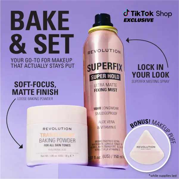 Revolution Bake & Set Bundle: includes Loose Baking Powder & Superfix Misting Setting Spray Revolution Bake & Set Bundle: includes Loose Baking Powder & Superfix Misting Setting Spray