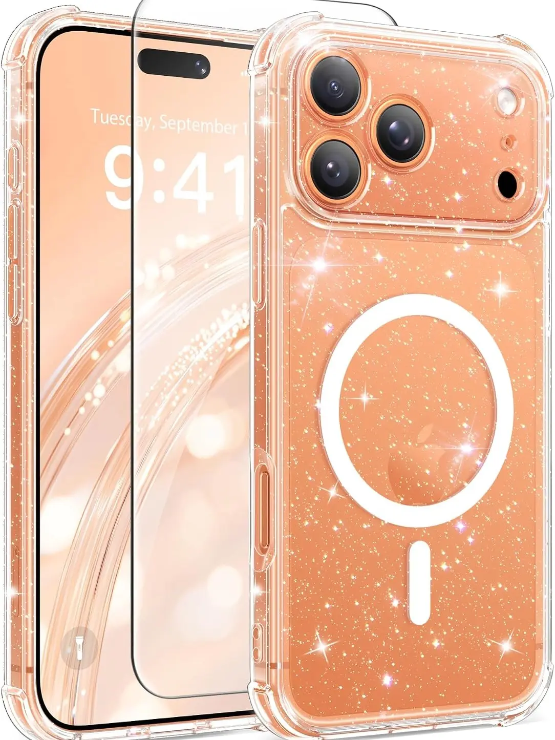 BERFY for iPhone 17 Pro Case for Women, Sparkle Clear | Compatible with MagSafe, Clear Glitter Shockproof Protective Magnetic Cute Phone Case with Screen Protector, Anti-Yellowing
