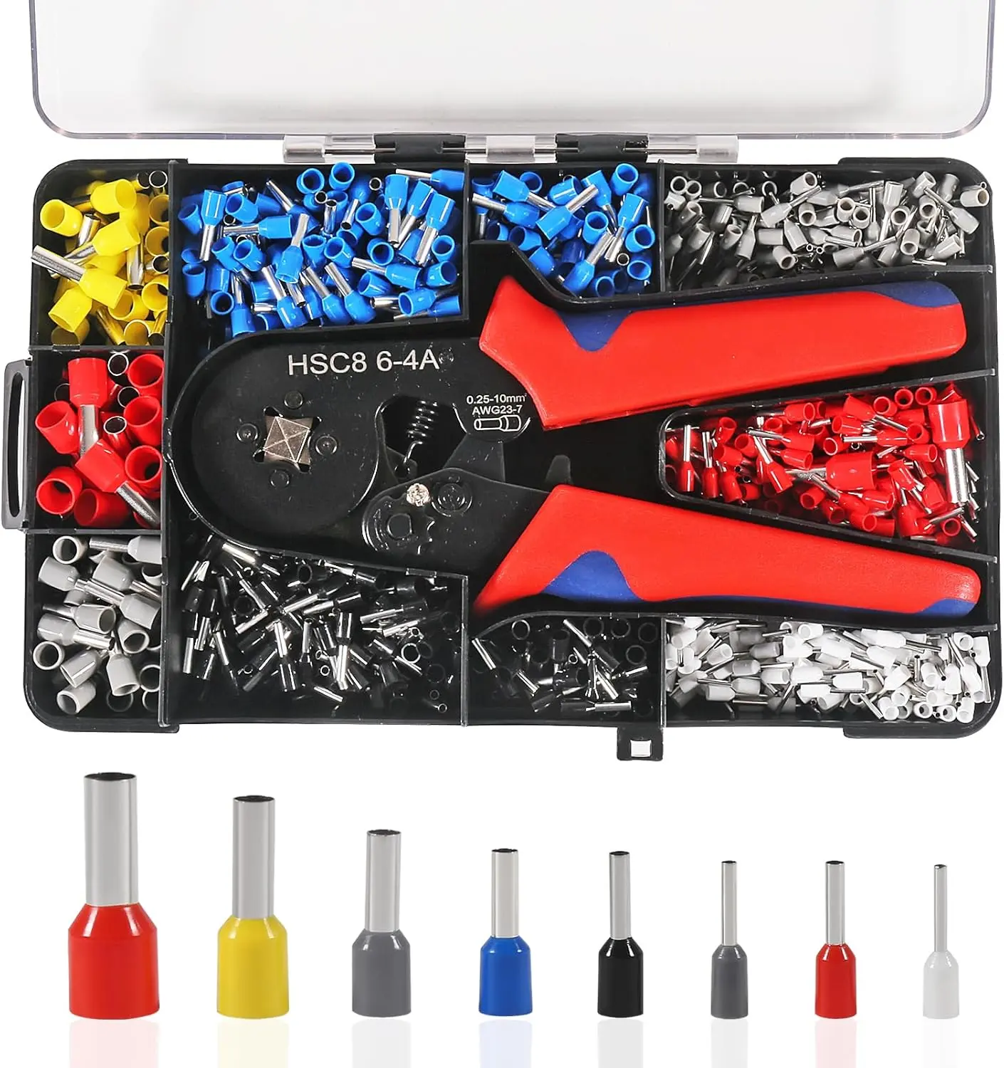Wire Ferrule Crimping Tool Kit with 1200PCS Ferrules, Adjustable Ratchet Mechanism & Force, 360° Full Contact, Steel Dies, 7 Sizes, AWG 23-7 (0.25-10mm²) for Home DIY Projects, Car Audio Wiring