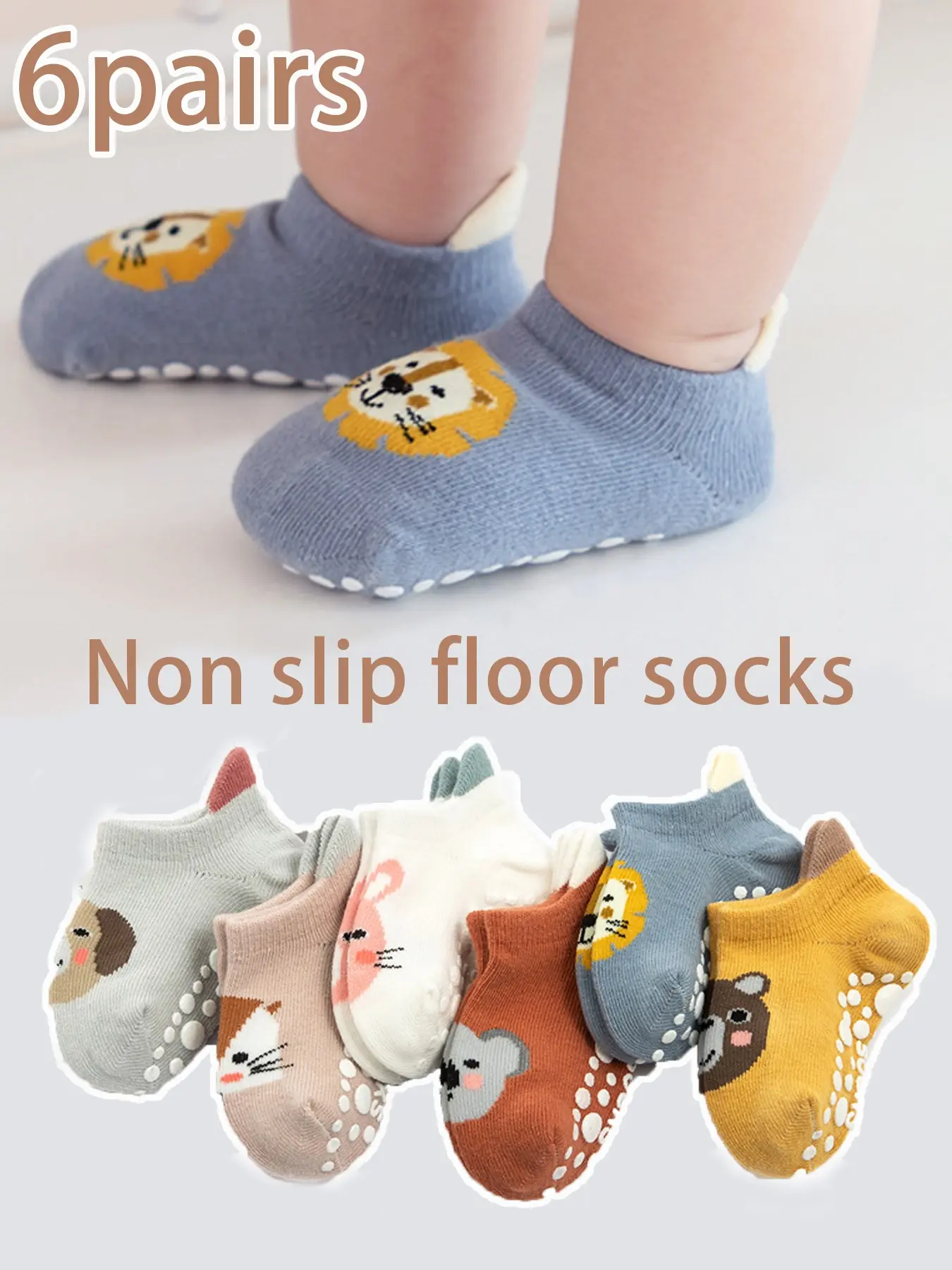 6 Pairs Kids Socks, Baby Toddler Non-Slip Indoor Floor Socks, Adorable Cartoon Socks, Cartoon Animal Design, Toddler Grip Socks, Unisex Children Anti-Skid Socks for Boys & Girls, Toddler Socks With Grips