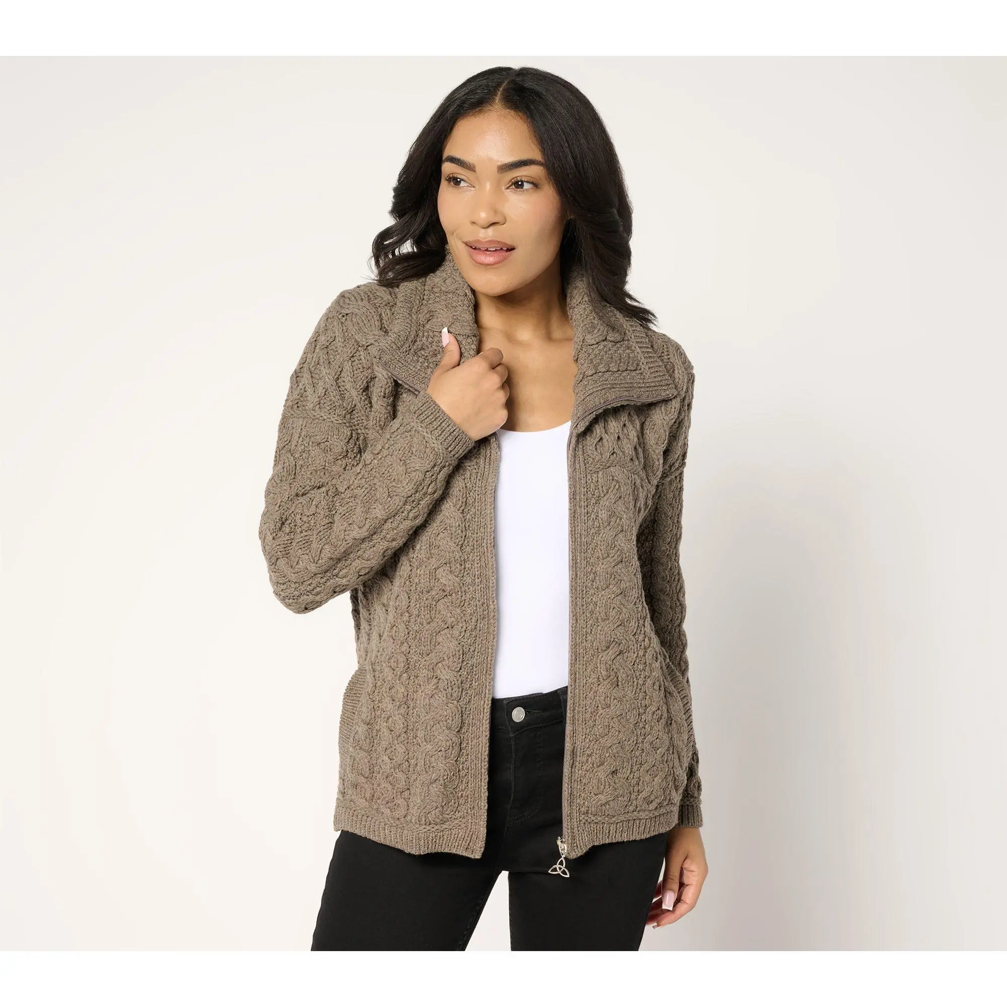 Aran Craft Merino Wool Zip Front Cardigan