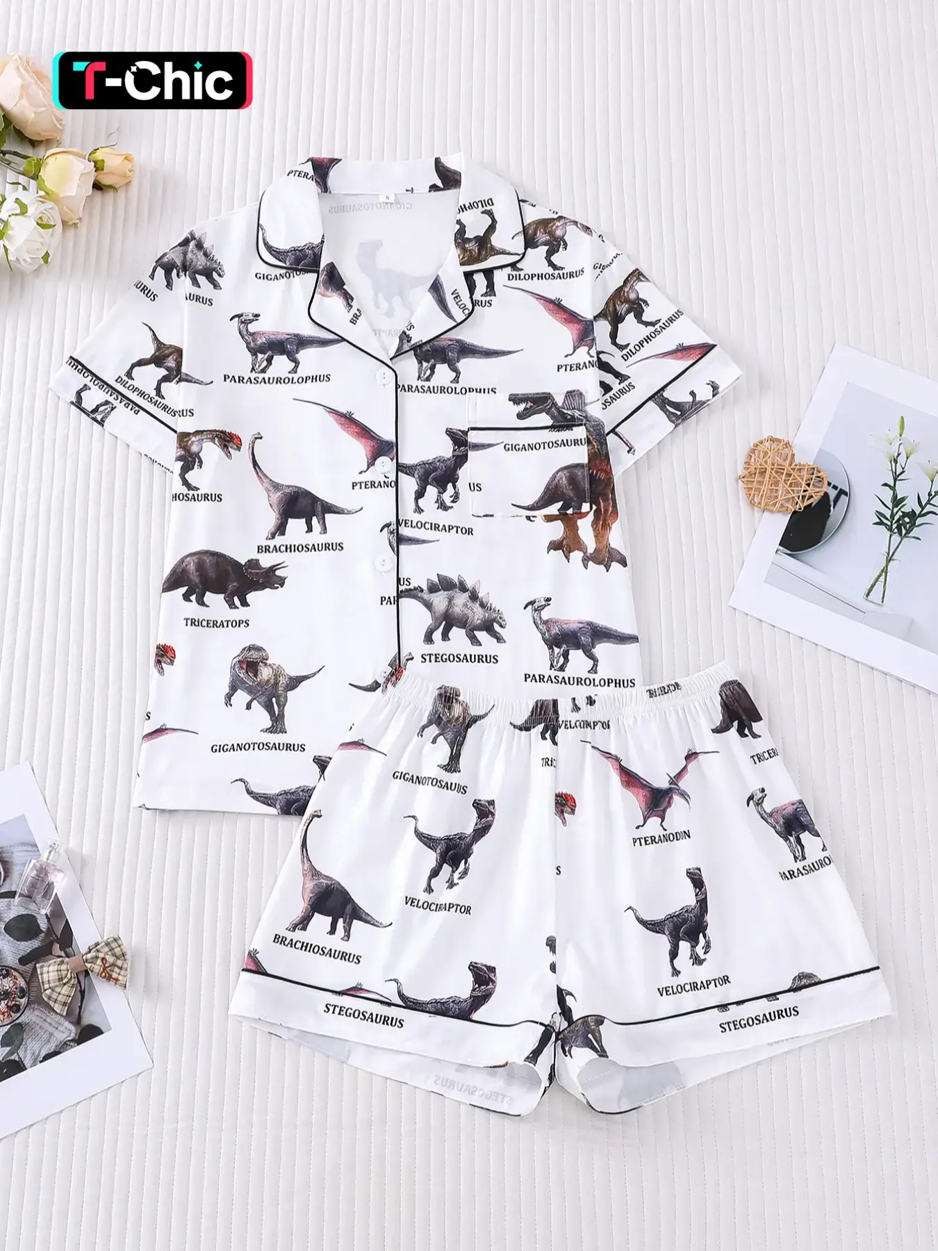2-piece pajama, Pyjamas, spring/summer collection full of dinosaur names, popular science printed short sleeved shorts, skin-friendly top with pockets, lapel design, button closure, elastic waistband, Nightwear, Loungewear, Set