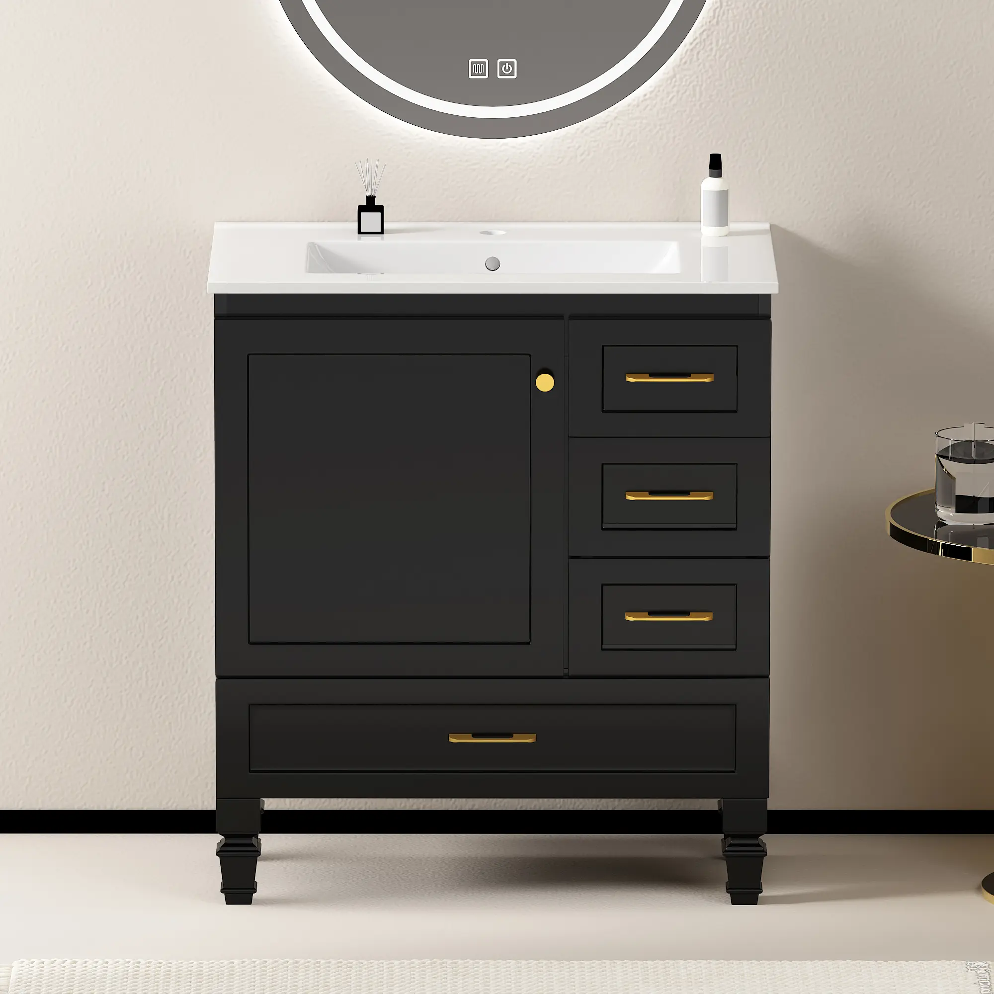 30-Inch Black Bathroom Vanity Floor Cabinet with Soft-Close Door and 3 Drawers, Freestanding Storage Organizer for Bathroom, Modern Style, MDF Construction, Single Sink Base, 30" W x D x H, Bathroom Furniture for Vanity Area, Storage, Remodel