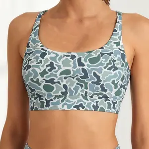 Blue-Green Camouflage Cross-Back Sports Bra - Trendy Activewear for Yoga, Pilates & Everyday Sporty Style