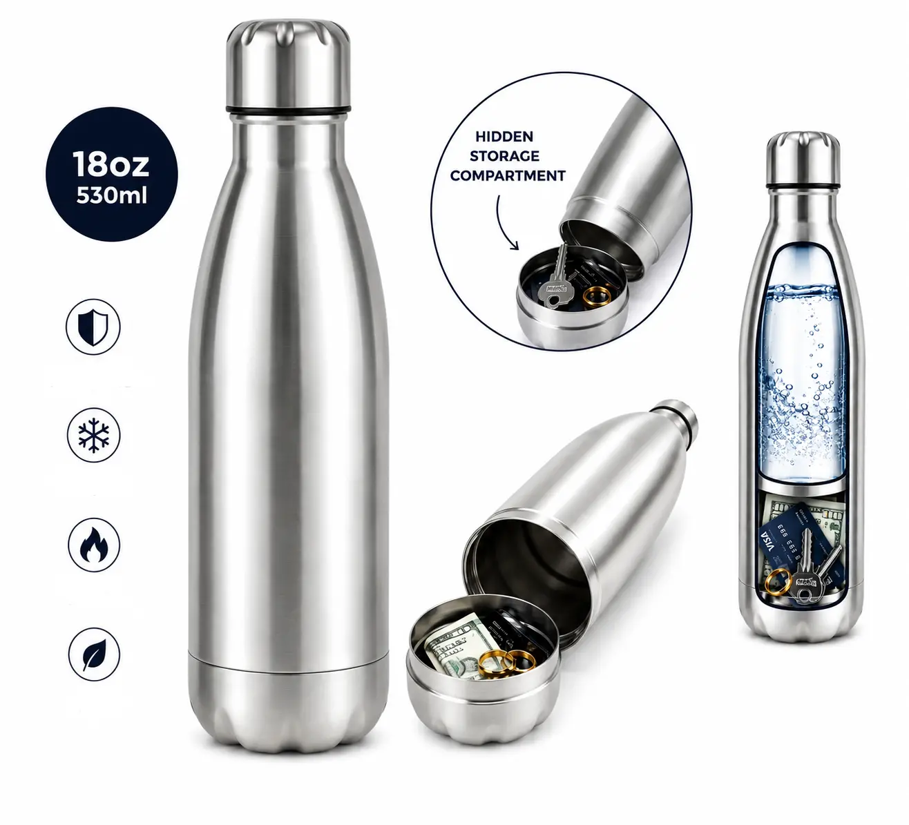 750ml Insulated Magnetic Stainless Steel Water Bottle - Anti-Leak Vacuum Flask, Portable Flasks, Secret Pill Organizer, Hidden Money Storage, Ideal for Outdoor Use & Gifting, Anti-Leak Vacuum Flasks