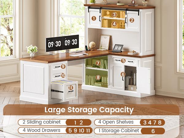SEDETA 67" Farmhouse L Shaped Desk with Hutch, Executive Home Office Desks with 4 Drawers & Storage Cabinet, Corner Computer Desk with Sliding Doors, File Drawer & Power Outlet