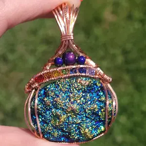 Titanium Aura Quartz Pendant, Copper Wire-Wrapped with Rainbow Glass Rhinestone Ribbon and Thermal Beads
