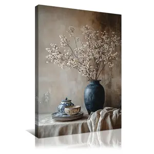 Elegant Still Life Canvas Wall Art with Baby's Breath Flowers & Rustic Vase. Modern Farmhouse Decor for Living Room, Bedroom, Dining Room. Serene Botanical Print, Timeless Wall Decor Posters Multicolor