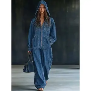 AutumnandWinterNewEuropeanandAmericanHoodedJumpsuitDenimWomen'sClothing,SpringNewAmericanHighStreetPants,LazyCasualStyle