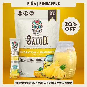 Salud 2-in-1 [Hydration + Immunity - Pineapple] Electrolytes Powder, Agua Fresca Drink Mix, Elderberry, Dairy & Soy Free, Non-GMO, Gluten Free, Vegan, Low Calorie, 1g Sugar (15 Servings)