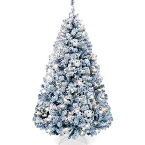 Best Choice Products Pre-Lit Ice Blue Christmas Pine Tree w/ Flocked Branches, Warm-White Lights
