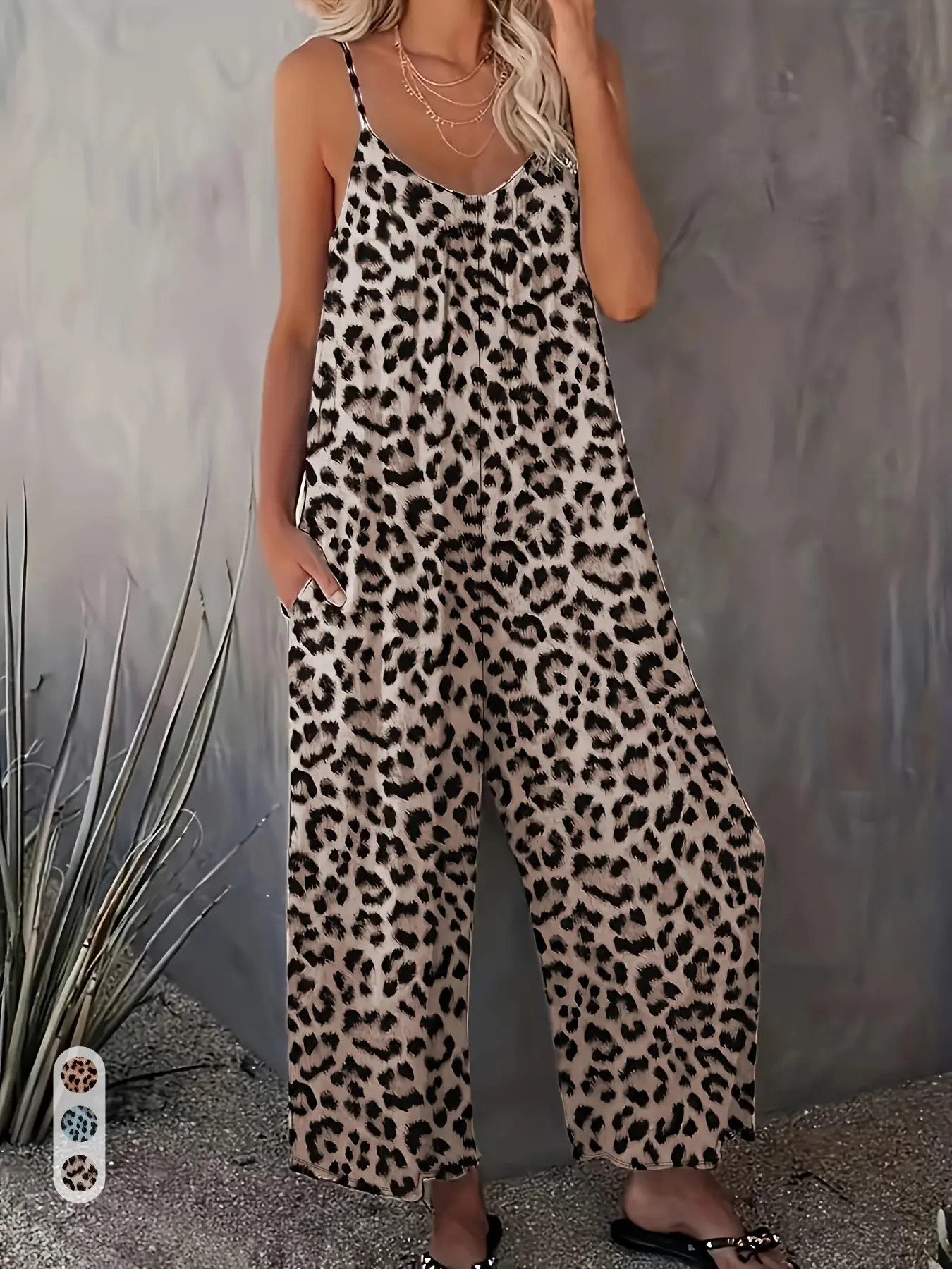 Y2K Leopard Print Cami Baggy Oversized Wide Leg Jumpsuit, Loose Fit Vacation Casual Jumpsuit with Pockets, Sleeveless Ankle Length Jumpsuit for All Seasons, Casual Loose Jumpsuits, Womenswear