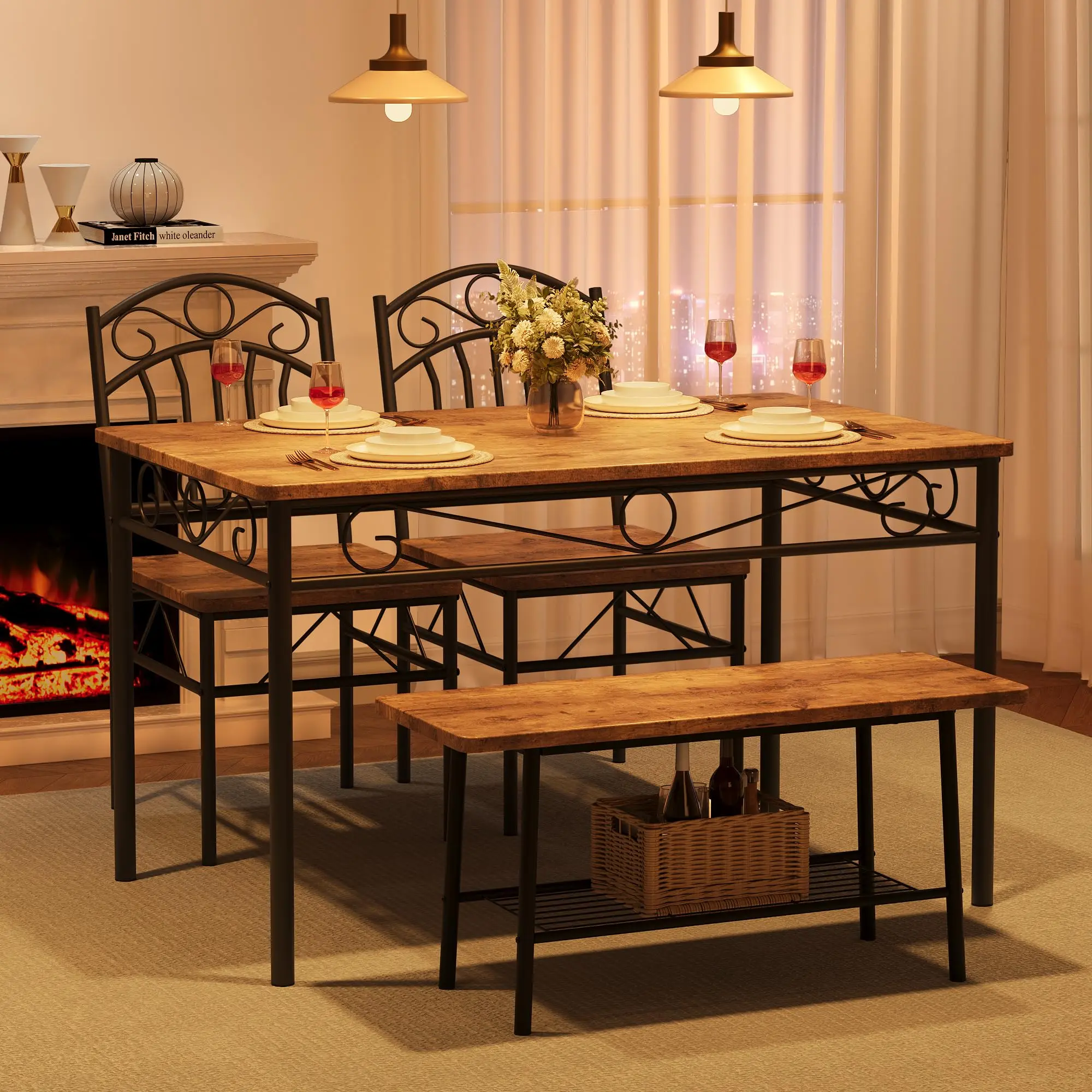 【GARVEE】4 Piece Rustic Brown Dining Table Set for 4 - Includes Table, Chairs & Bench - Compact 43.3" Kitchen Dining Room Set Ideal for Small Spaces, Breakfast Nooks, Apartments, and Restaurants