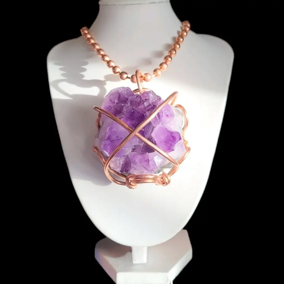 Massive Lotus Flower Amethyst Necklace • Amethyst Cluster Necklace • Pure Copper Ball Chain Necklace • Amethyst Necklace