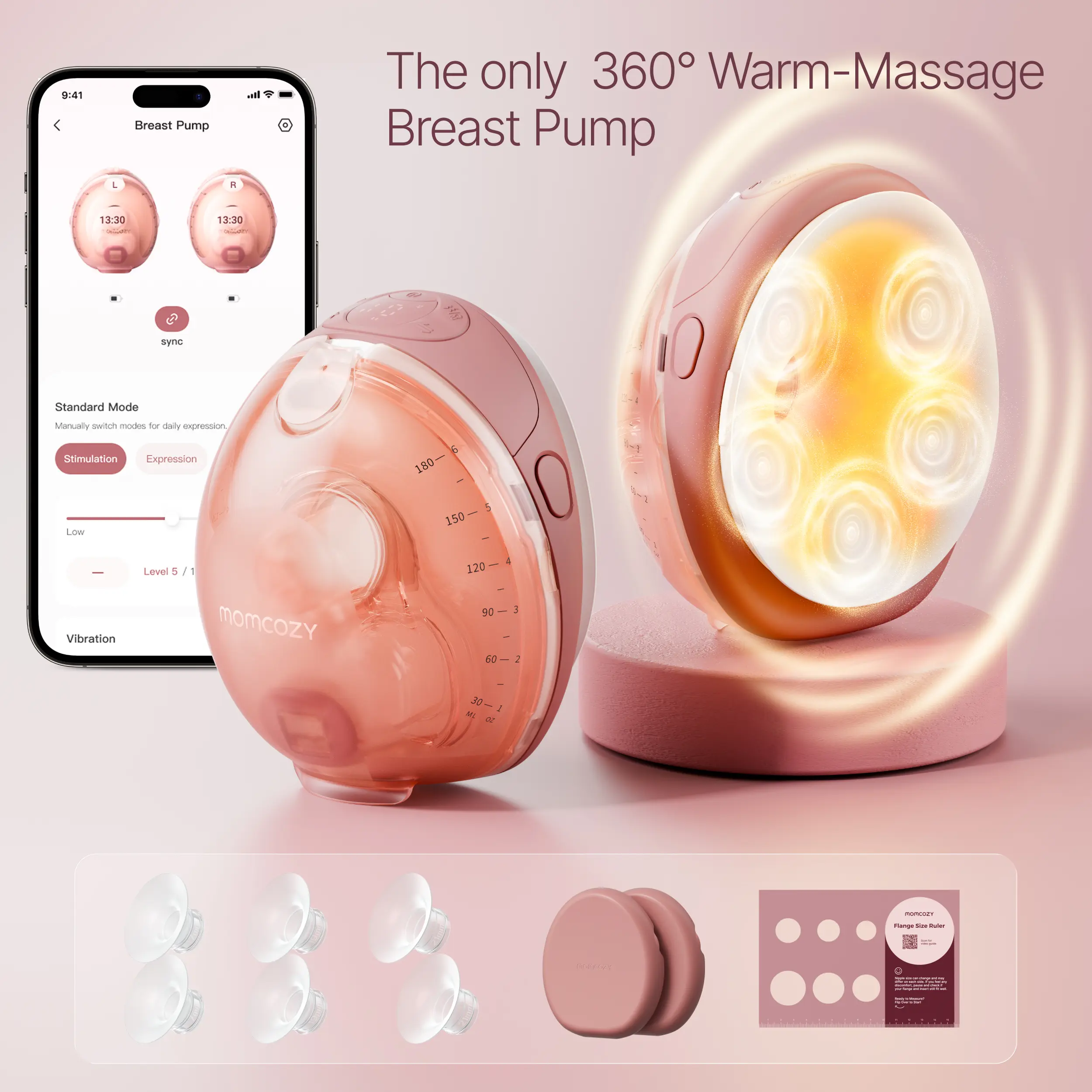 Momcozy Wellness 1 Wearable Breast Pump, Warm-Massage Hands-Free Pump with Heated Flange&Simulated Massage for Comfortable Breastfeeding&Let-Down, App-Controlled, 4 Modes 12 Levels, 180ml/6oz Milk Machine