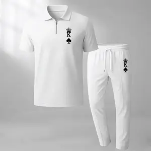 Men's King Print Two-Piece Set, Including A Short-Sleeved Zippered Polo Shirt And Drawstring Trousers; A Waffle-Textured Casual Summer Outfit.
