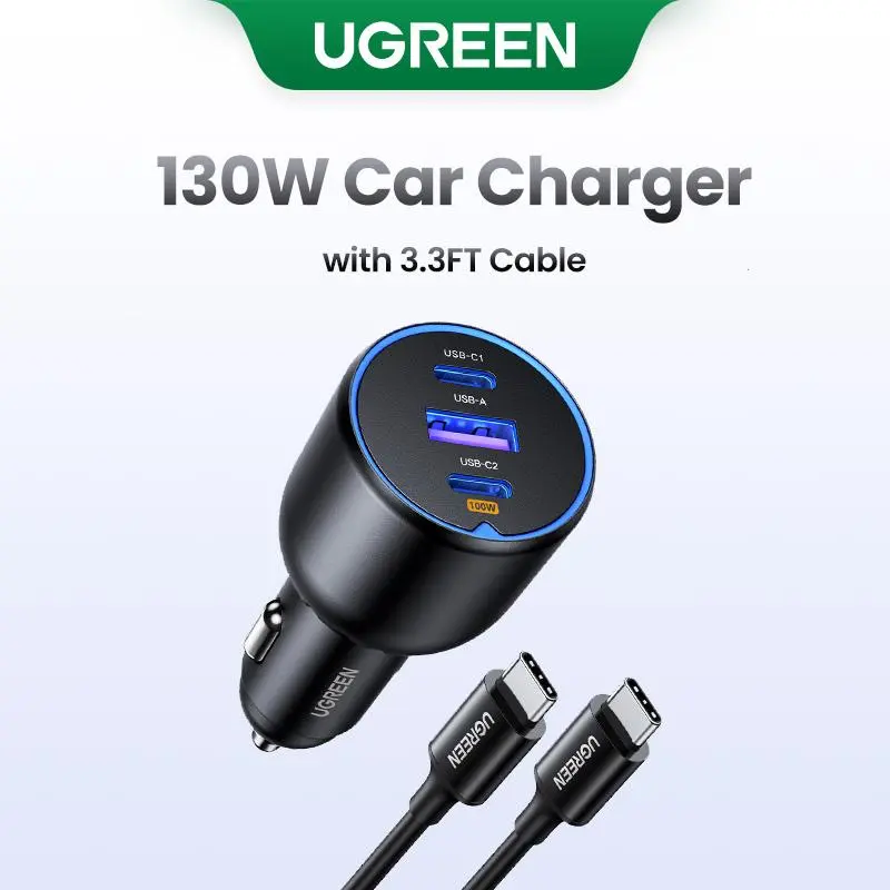 UGREEN 130W Car Charger with 3.3FT Cable, USB-C Input, Compatible with iPhone 17 16 Pro Max, Galaxy S24 Ultra, iPad, Car Accessories Deals for You,September Restock，TikTokShopBlackFriday ,TikTokShopHolidayHaul summerwins