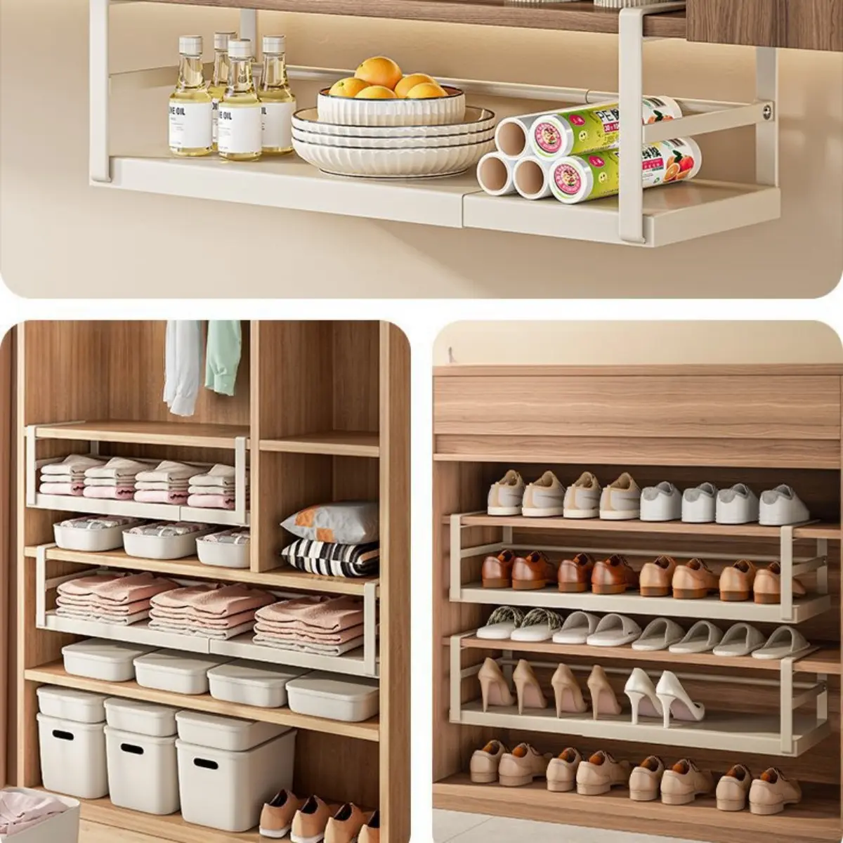 Sturdy Carbon Steel Adjustable Hanging Shelf Organiser - Compact Kitchen Storage Cabinet Rack for Tableware, Kitchen Utensils, Spice Bottles with Solid Color Design