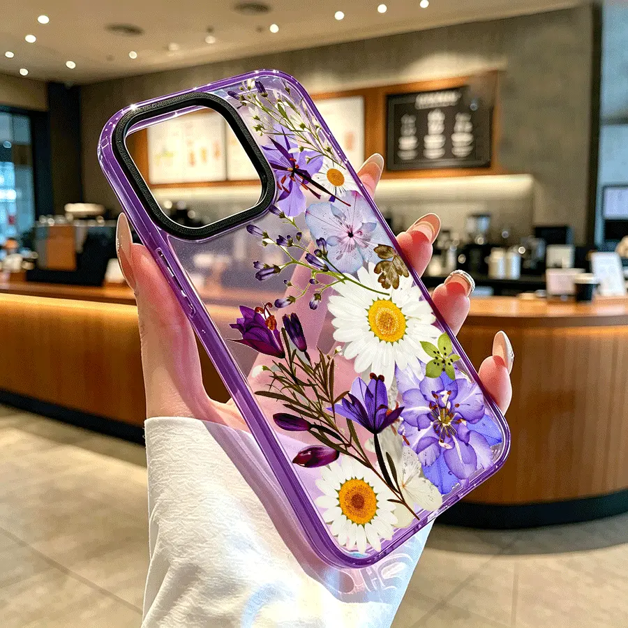 Crystal Cellphone Casing for iPhone 16 Pro Max, 15 Plus, 14, 13, 12, 11 - Pressed Wildflowers, Daisies, Purple Blooms, Anti-Yellowing, Shockproof, Durable, Ultra-Thin, Drop Protection Mobile Phone Accessories