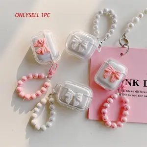 2-Style Bowknot Pearl Lanyard Case for AirPods | 3D Pearl Bowknot + Clear Hard Shell + Holographic Pearl Lanyard | Scratch & Shock Resistant | Outing/Commute Sweet Girl Aesthetic Style