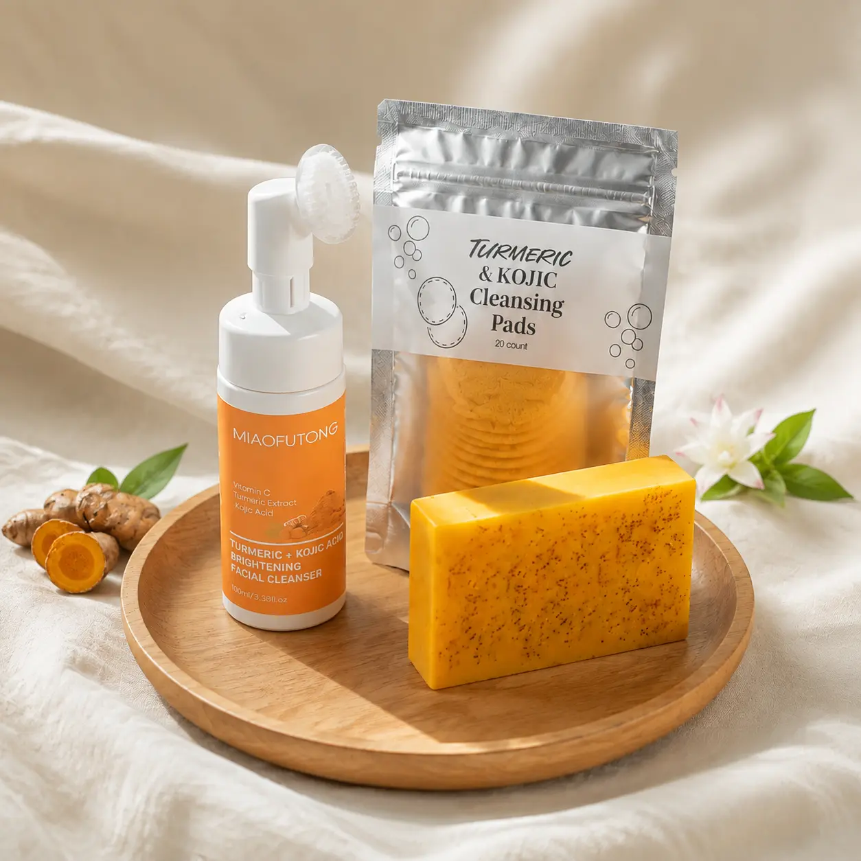 Turmeric Kojic Acid 3-Piece Facial Cleansing Set,Turmeric Cleansing Pads,turmeric kojic acid soap,Turmeric Mousse,Facial Skincare,Pads&Mouss&Soap Facial Wash Exfoliating Dark Spot Correcting Skincare