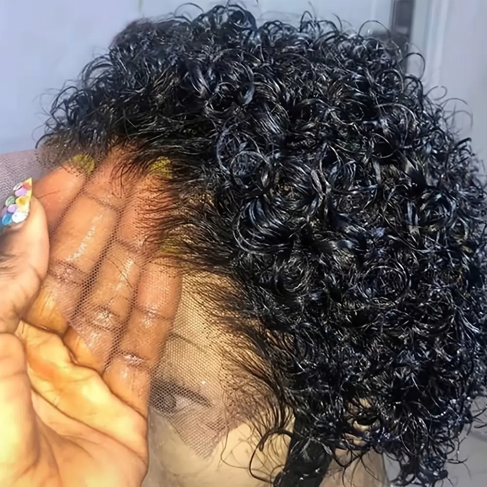 New Fashion 180% Density 13x1 Lace Front Human Hair Wig Short Curly Lace Front Wigs 13x1 Brazilian Water Wave Human Hair Wigs Pixie Cut Transparent Lace Front Wigs For Women