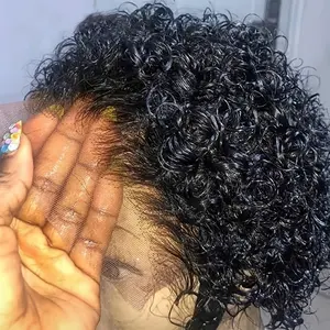 New Fashion 180% Density 13x1 Lace Front Human Hair Wig Short Curly Lace Front Wigs 13x1 Brazilian Water Wave Human Hair Wigs Pixie Cut Transparent Lace Front Wigs For Women