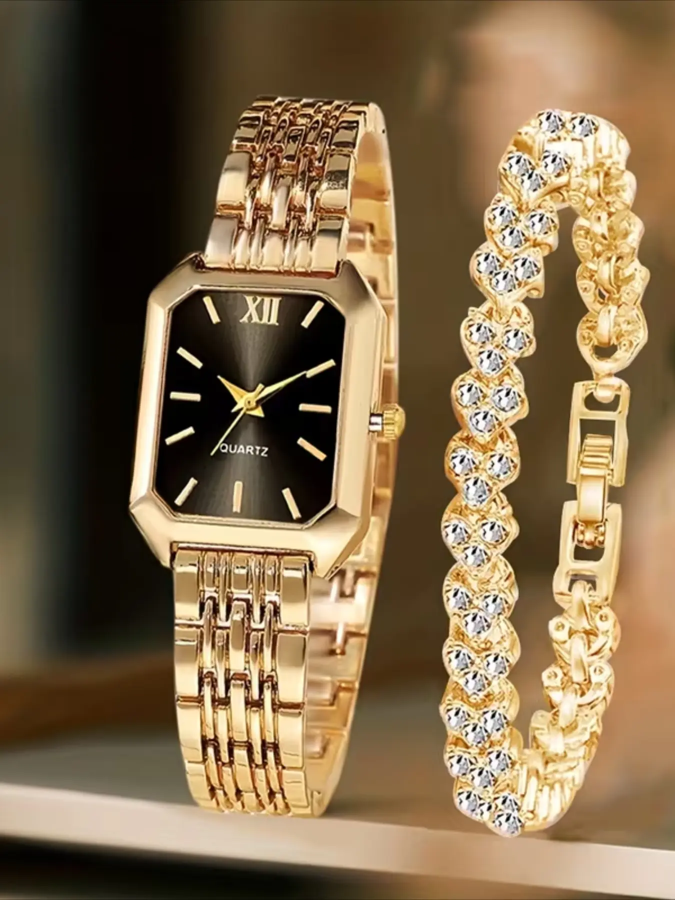 2-piece ladies' vintage watch set, Fashion Watches - chain Quartz Wristwatch with rectangular dial and stainless steel material, court style pointer watch, suitable for Easter, weddings or daily wear - classic timepiece gift