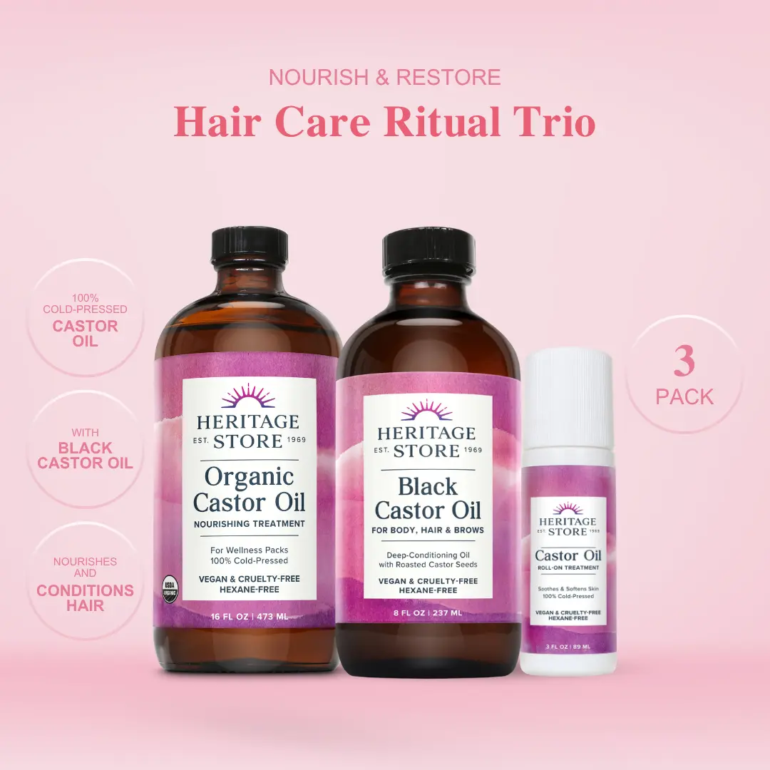 Heritage Store Hair + Growth Ritual Trio — Organic Castor Oil + Scalp Tonic + Rosewater Mist — Hair Growth Routine